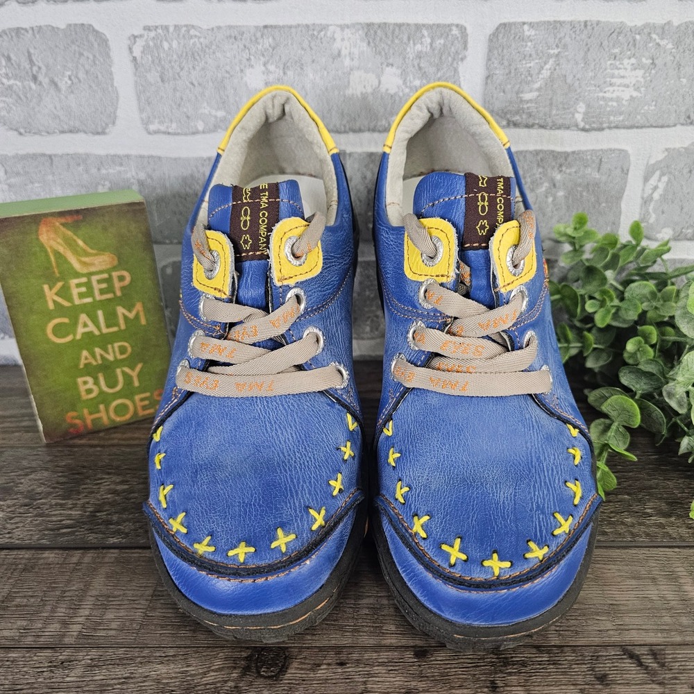 TMA Eyes‎ Cross Stitch Leather Sneakers Blue Yellow Women 7 EUR 37
